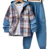 Boys Flannel Hoodie Cargo Sweatpants Set Cozy Durable-6