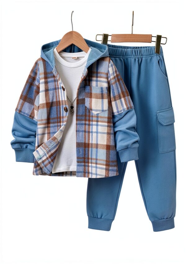 Boys Flannel Hoodie Cargo Sweatpants Set Cozy Durable-6