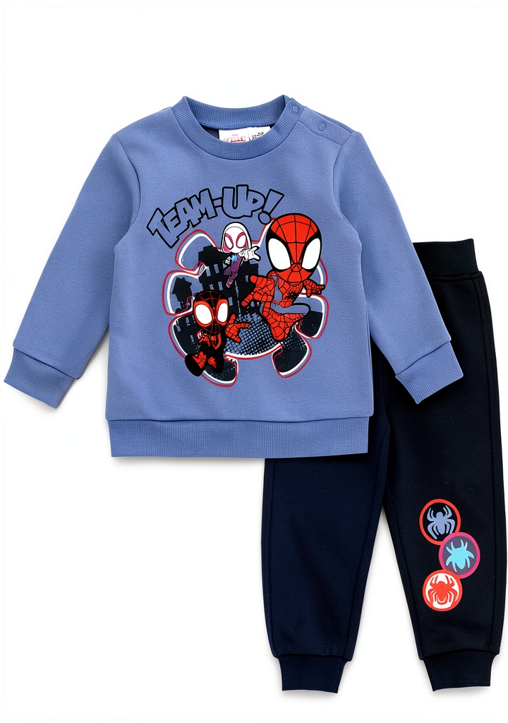 Child wearing the Marvel Spidey fleece set while playing outdoors in autumn