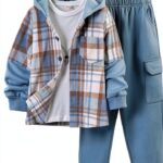 Boys Flannel Hoodie Cargo Sweatpants Set Cozy Durable-0