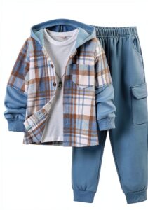 Boys Flannel Hoodie Cargo Sweatpants Set Cozy Durable-0