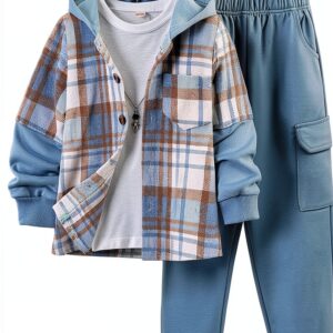 Boys Flannel Hoodie Cargo Sweatpants Set Cozy Durable-0