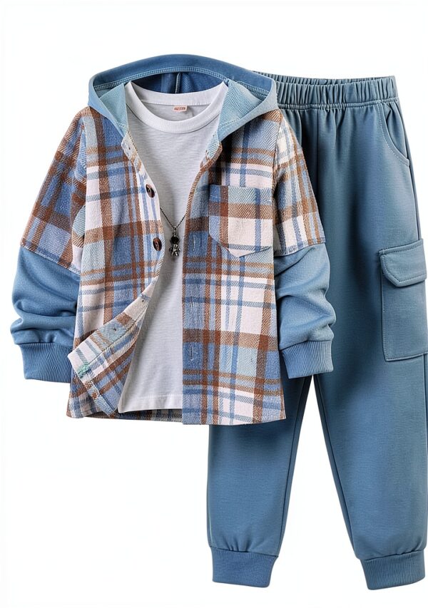 Boys Flannel Hoodie Cargo Sweatpants Set Cozy Durable-0